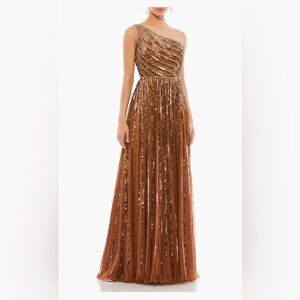 NEW MAC DUGGAL Embellished Copper One Shoulder A-Line Gown 5220 Size 14
